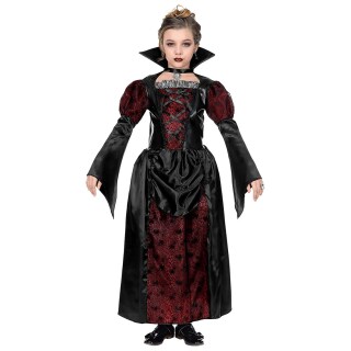 Edles Gothic-Kleid Vampirin mit Stehkragen für Mädchen Schwarz-Rot 128, 5 - 7 Jahre