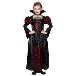 Edles Gothic-Kleid Vampirin mit Stehkragen für Mädchen Schwarz-Rot 128, 5 - 7 Jahre